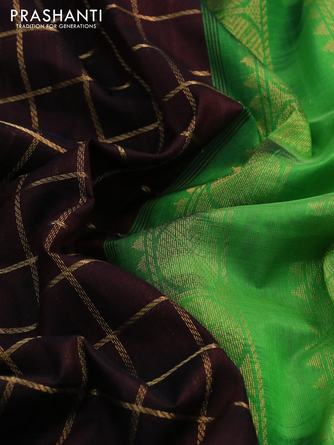 Silk cotton saree brown and light green with allover zari checked pattern and rettapet zari woven korvai border