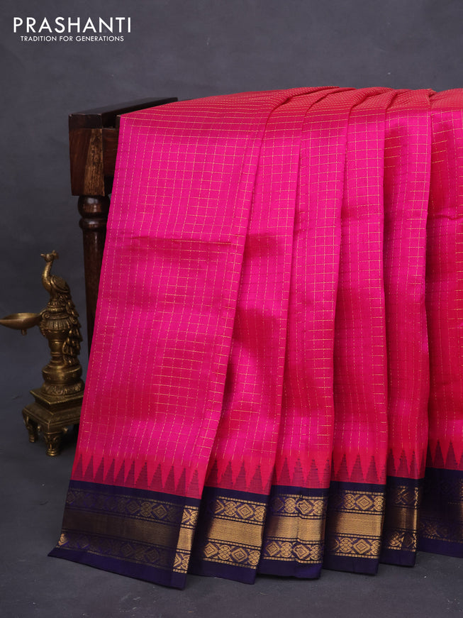 Silk cotton saree pink and blue with allover zari checked pattern and temple deisgn zari woven korvai border