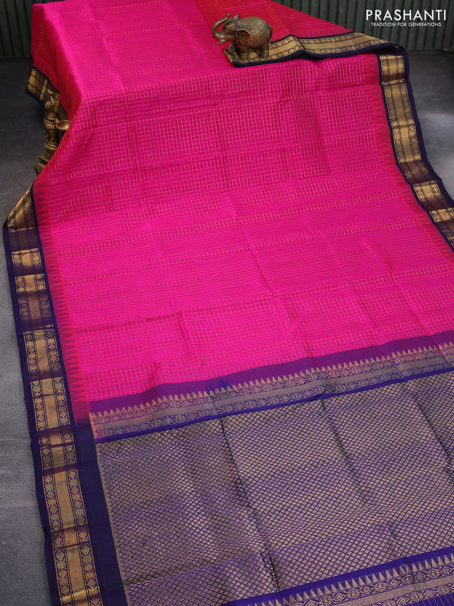 Silk cotton saree pink and blue with allover zari checked pattern and temple deisgn zari woven korvai border