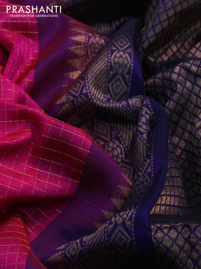 Silk cotton saree pink and blue with allover zari checked pattern and temple deisgn zari woven korvai border