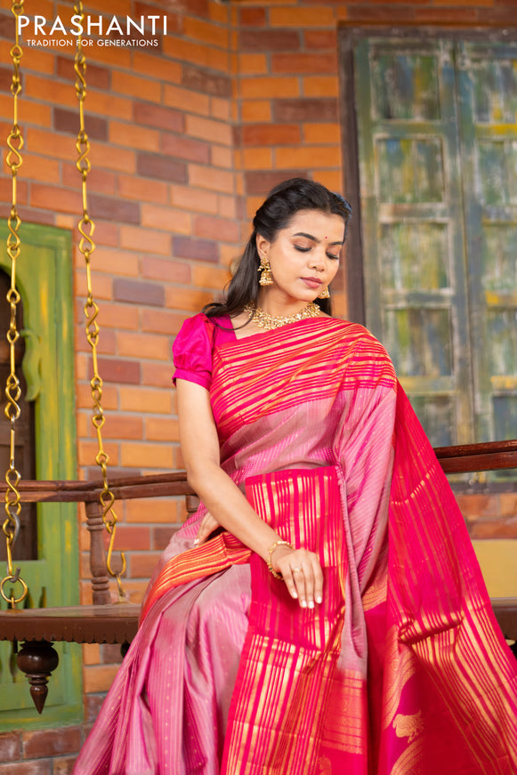 Pure soft silk saree dual shade of pink and pink with allover zari weaves and long zari woven border