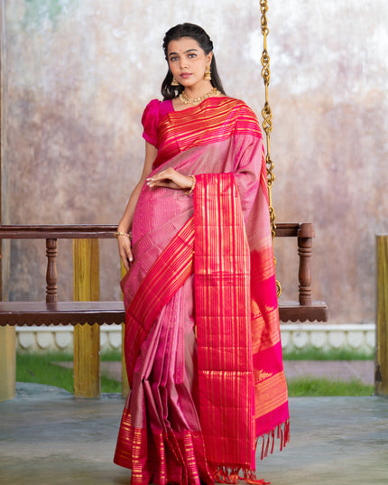 Pure soft silk saree dual shade of pink and pink with allover zari weaves and long zari woven border