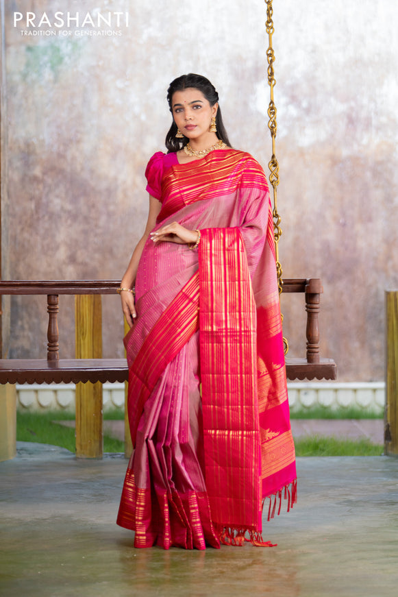 Pure soft silk saree dual shade of pink and pink with allover zari weaves and long zari woven border