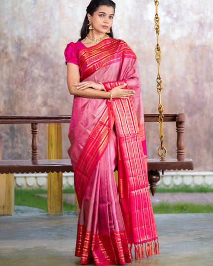 Pure soft silk saree dual shade of pink and pink with allover zari weaves and long zari woven border