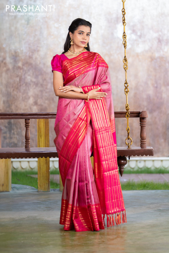 Pure soft silk saree dual shade of pink and pink with allover zari weaves and long zari woven border