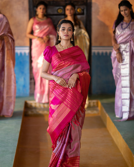 Pure soft silk saree dual shade of pink and pink with allover zari weaves and long zari woven border