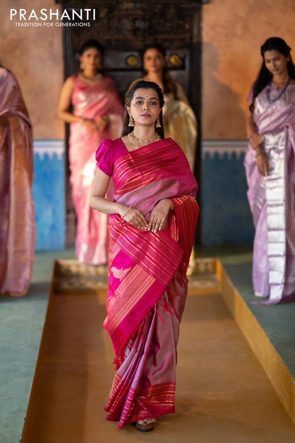 Pure soft silk saree dual shade of pink and pink with allover zari weaves and long zari woven border