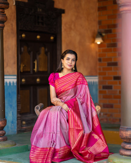 Pure soft silk saree dual shade of pink and pink with allover zari weaves and long zari woven border