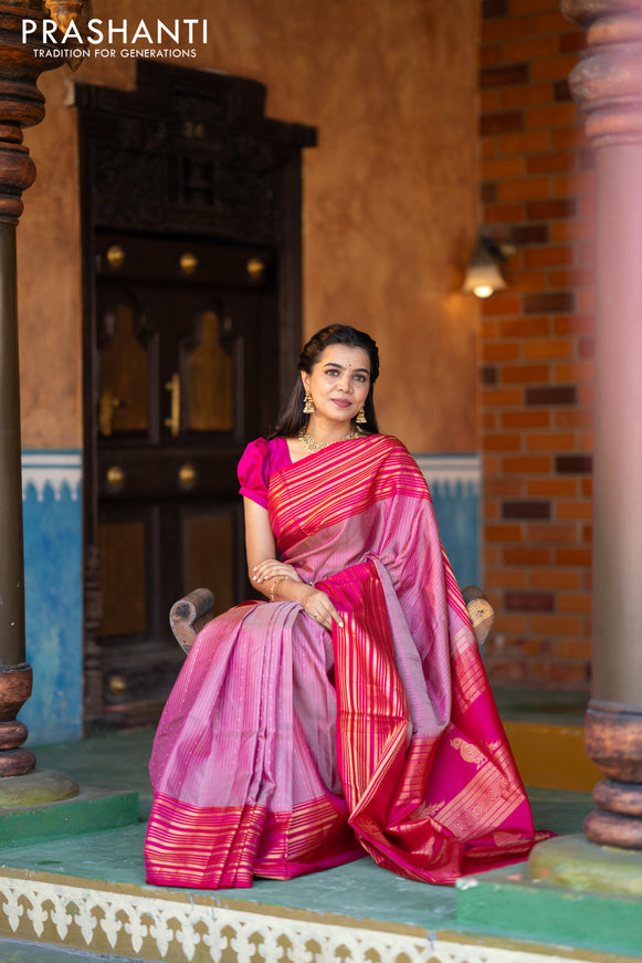 Pure soft silk saree dual shade of pink and pink with allover zari weaves and long zari woven border