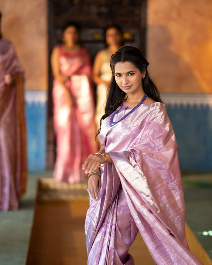 Pure kanchipuram silk saree lavender shade with allover silver zari woven brocade weaves and silver zari woven border