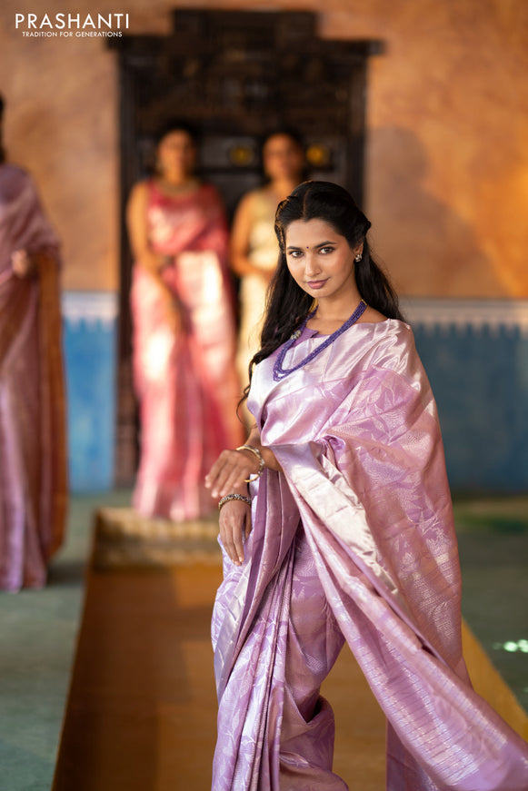 Pure kanchipuram silk saree lavender shade with allover silver zari woven brocade weaves and silver zari woven border