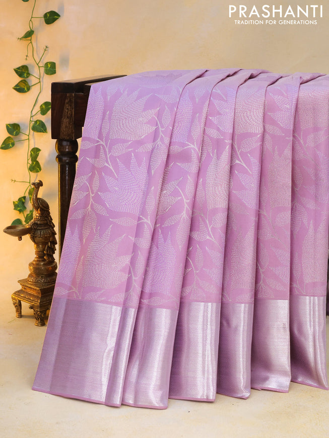 Pure kanchipuram silk saree lavender shade with allover silver zari woven brocade weaves and silver zari woven border