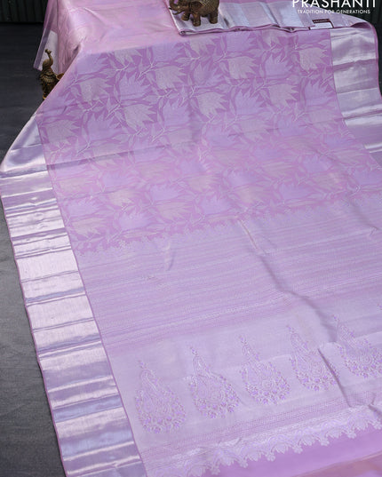 Pure kanchipuram silk saree lavender shade with allover silver zari woven brocade weaves and silver zari woven border