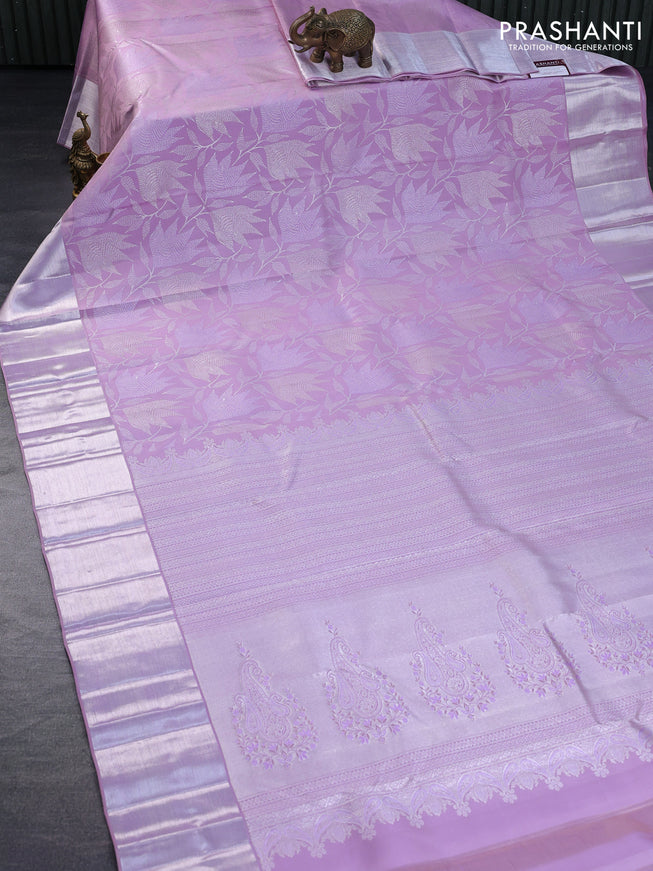 Pure kanchipuram silk saree lavender shade with allover silver zari woven brocade weaves and silver zari woven border