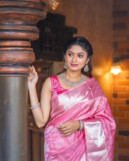 Pure kanchipuram silk saree light pink with allover silver zari woven brocade weaves and silver zari woven border