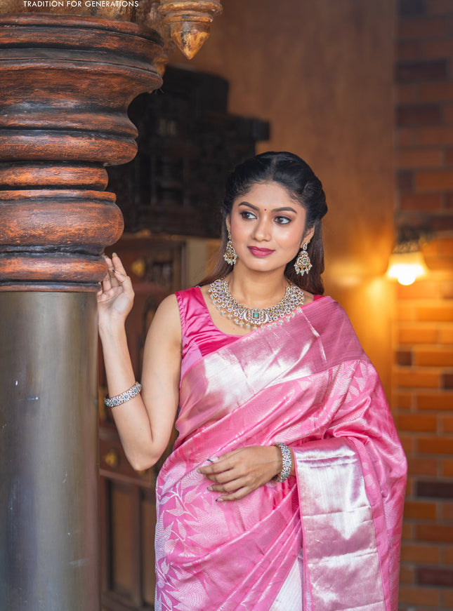 Pure kanchipuram silk saree light pink with allover silver zari woven brocade weaves and silver zari woven border