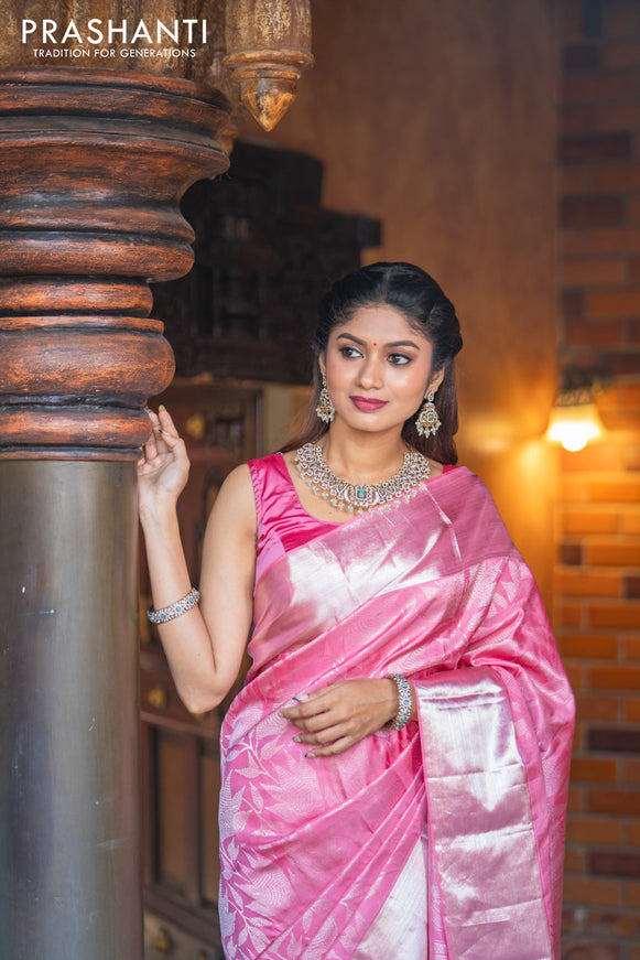 Pure kanchipuram silk saree light pink with allover silver zari woven brocade weaves and silver zari woven border