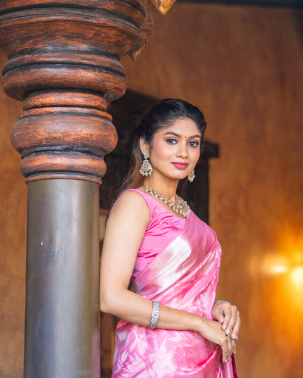 Pure kanchipuram silk saree light pink with allover silver zari woven brocade weaves and silver zari woven border