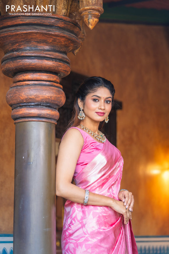 Pure kanchipuram silk saree light pink with allover silver zari woven brocade weaves and silver zari woven border