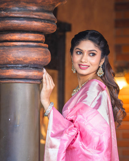 Pure kanchipuram silk saree light pink with allover silver zari woven brocade weaves and silver zari woven border