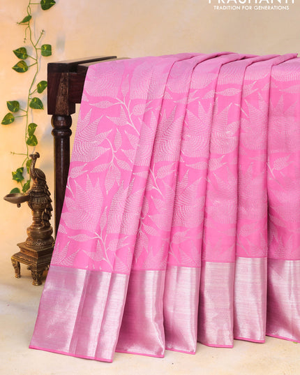 Pure kanchipuram silk saree light pink with allover silver zari woven brocade weaves and silver zari woven border