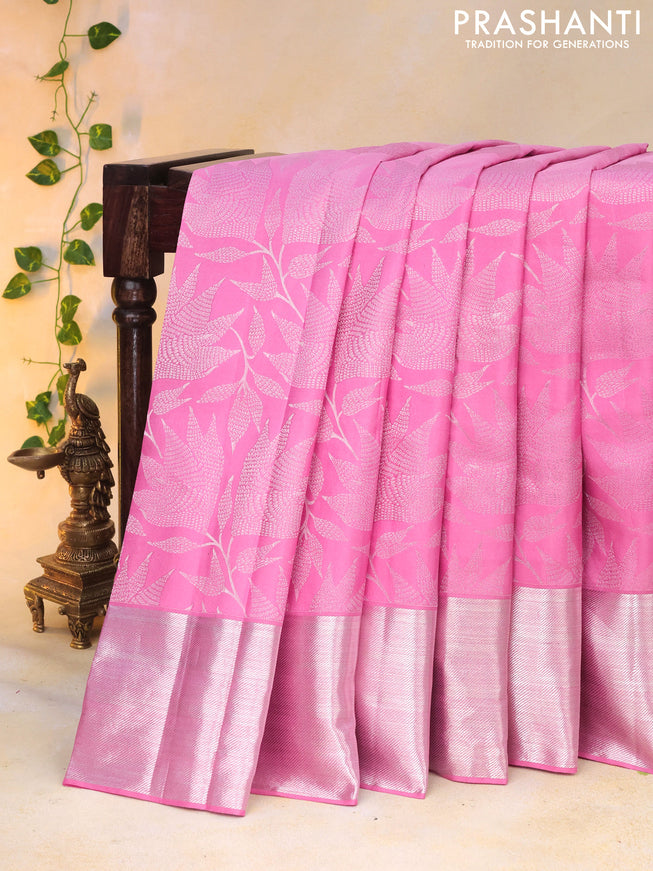 Pure kanchipuram silk saree light pink with allover silver zari woven brocade weaves and silver zari woven border