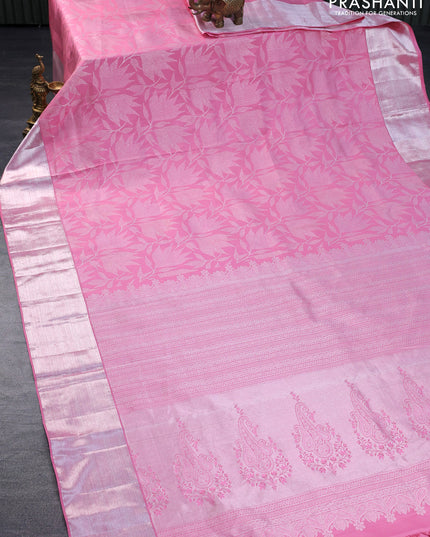 Pure kanchipuram silk saree light pink with allover silver zari woven brocade weaves and silver zari woven border