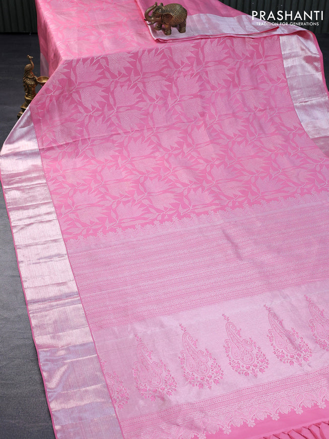 Pure kanchipuram silk saree light pink with allover silver zari woven brocade weaves and silver zari woven border