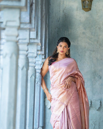 Pure kanchipuram silk saree pastel pink with allover silver zari woven brocade weaves in borderless style