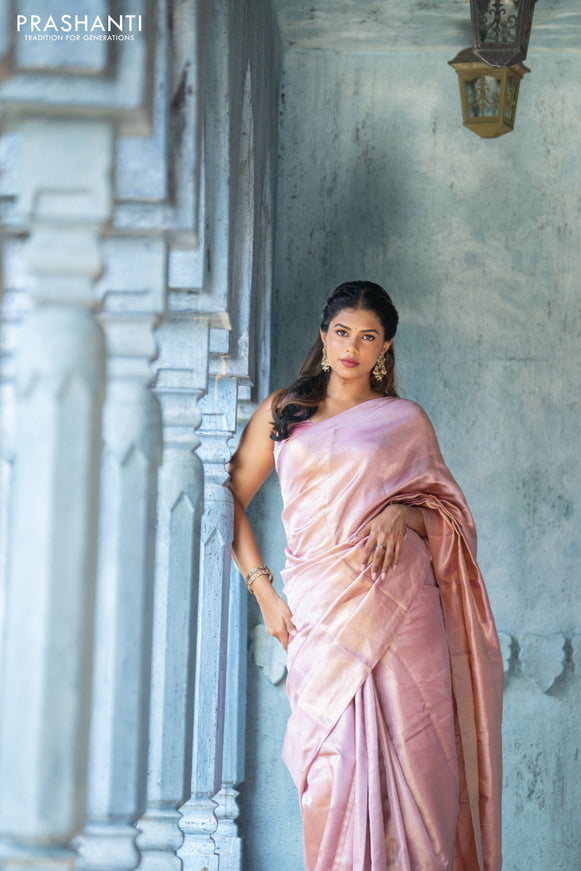 Pure kanchipuram silk saree pastel pink with allover silver zari woven brocade weaves in borderless style