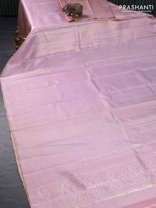 Pure kanchipuram silk saree pastel pink with allover silver zari woven brocade weaves in borderless style