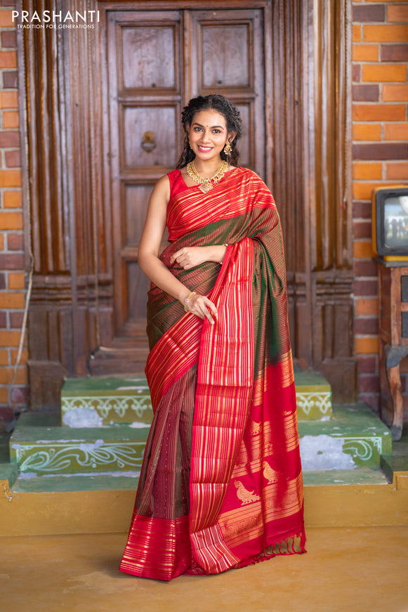 Pure soft silk saree manthulir green and red with allover zari weaves and long zari woven border