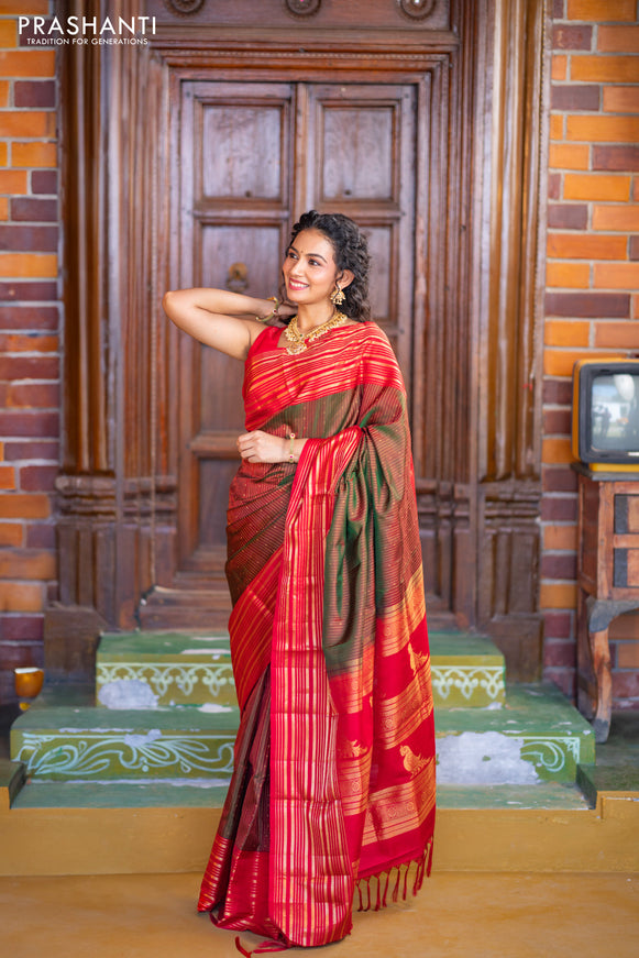 Pure soft silk saree manthulir green and red with allover zari weaves and long zari woven border