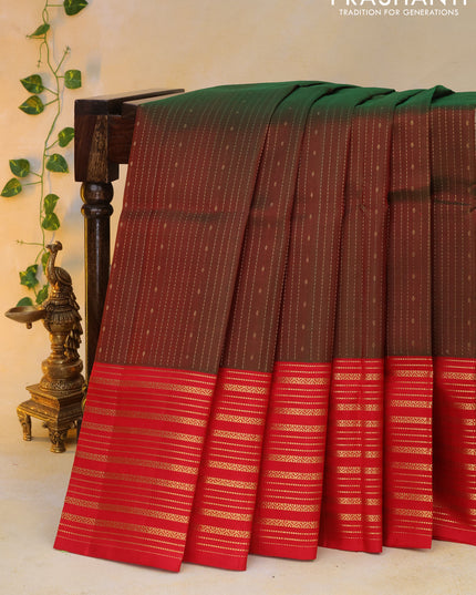 Pure soft silk saree manthulir green and red with allover zari weaves and long zari woven border