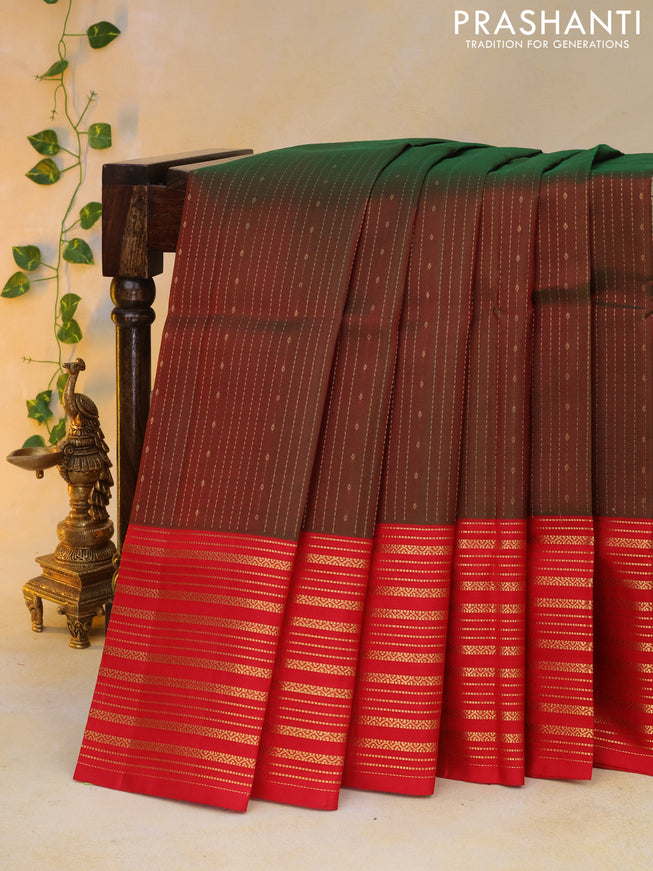 Pure soft silk saree manthulir green and red with allover zari weaves and long zari woven border