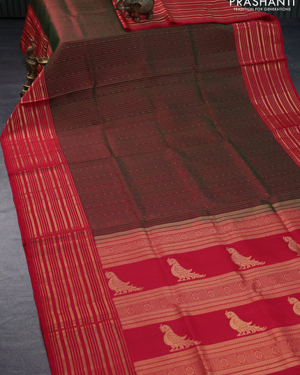 Pure soft silk saree manthulir green and red with allover zari weaves and long zari woven border