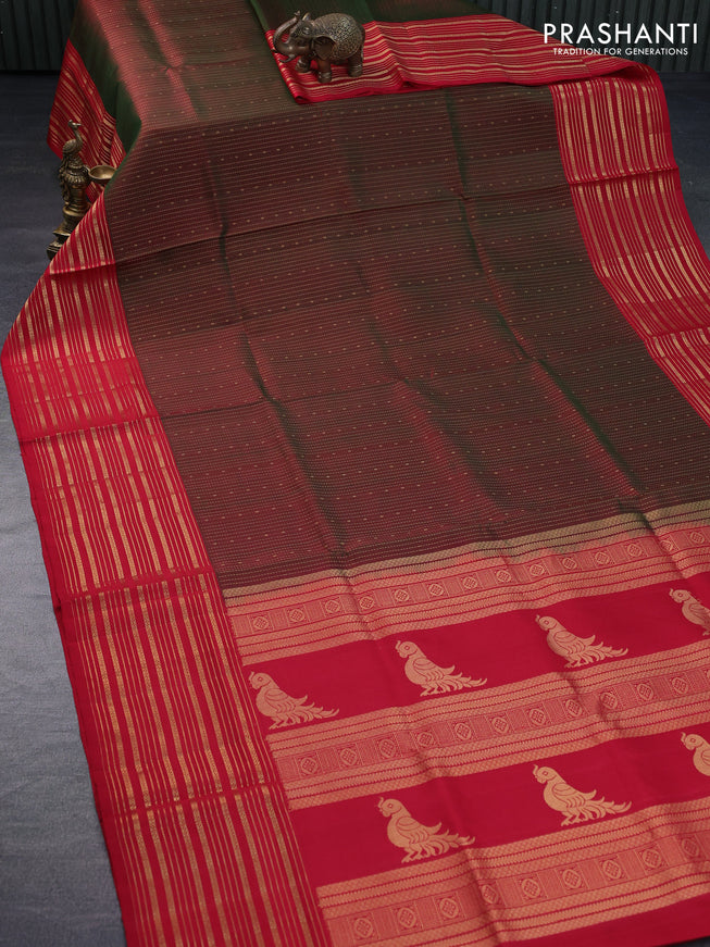 Pure soft silk saree manthulir green and red with allover zari weaves and long zari woven border