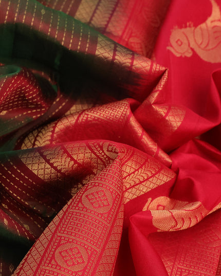 Pure soft silk saree manthulir green and red with allover zari weaves and long zari woven border