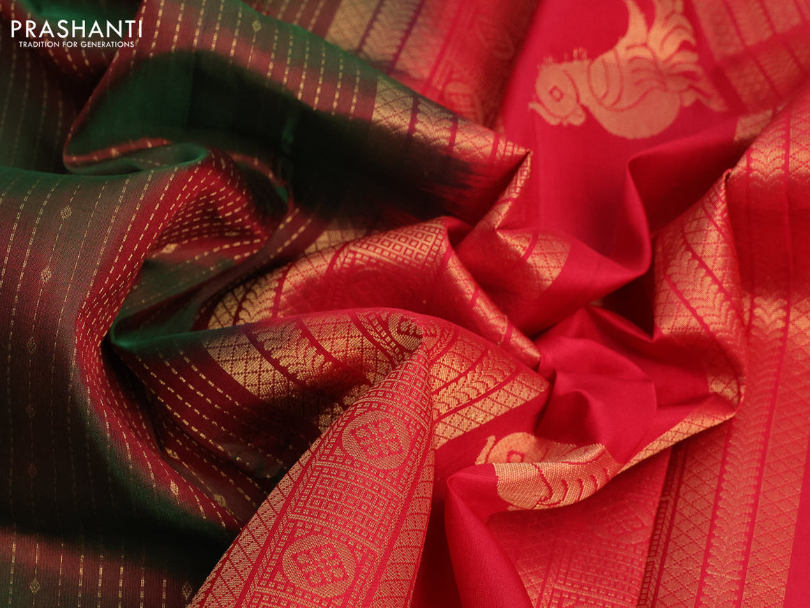 Pure soft silk saree manthulir green and red with allover zari weaves and long zari woven border