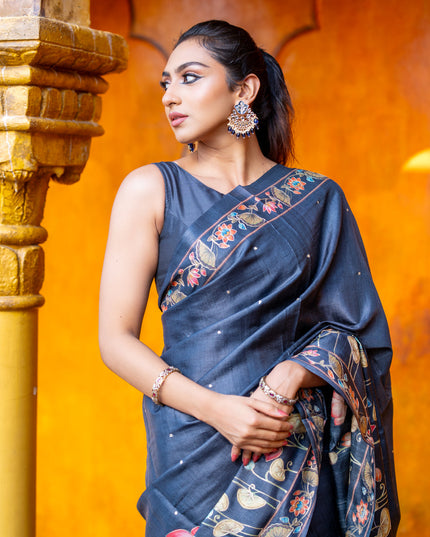 Pure tussar silk saree dark elephant grey with allover pichwai prints & embroidery work buttas and pita work pichwai printed border