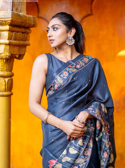 Pure tussar silk saree dark elephant grey with allover pichwai prints & embroidery work buttas and pita work pichwai printed border