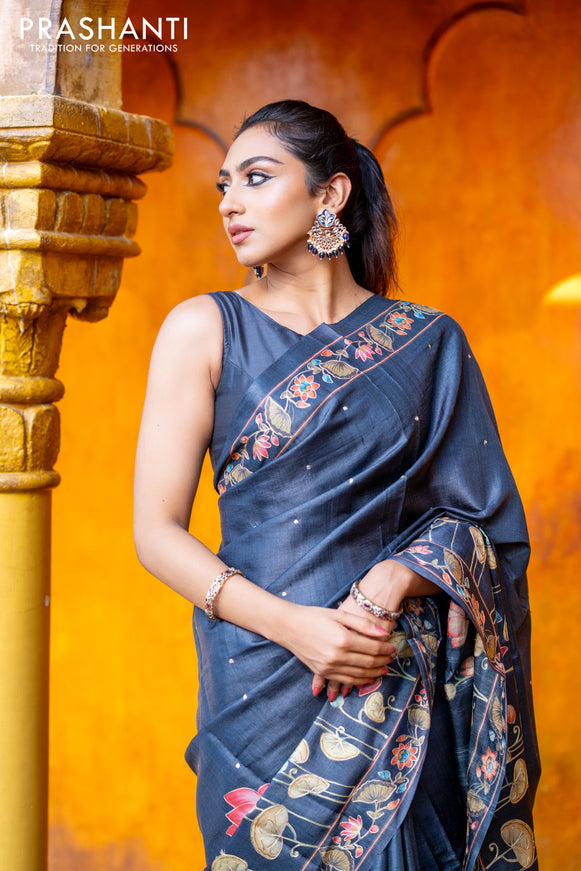 Pure tussar silk saree dark elephant grey with allover pichwai prints & embroidery work buttas and pita work pichwai printed border