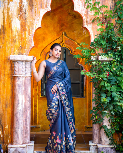 Pure tussar silk saree dark elephant grey with allover pichwai prints & embroidery work buttas and pita work pichwai printed border