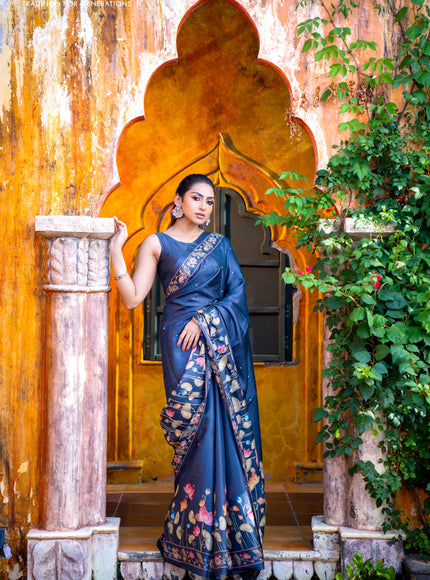 Pure tussar silk saree dark elephant grey with allover pichwai prints & embroidery work buttas and pita work pichwai printed border