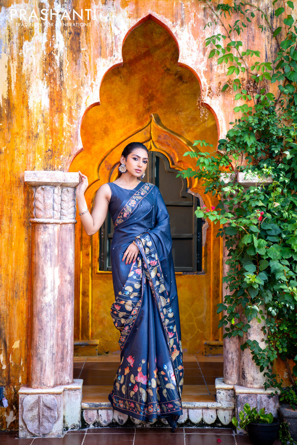 Pure tussar silk saree dark elephant grey with allover pichwai prints & embroidery work buttas and pita work pichwai printed border