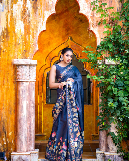 Pure tussar silk saree dark elephant grey with allover pichwai prints & embroidery work buttas and pita work pichwai printed border