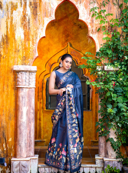 Pure tussar silk saree dark elephant grey with allover pichwai prints & embroidery work buttas and pita work pichwai printed border