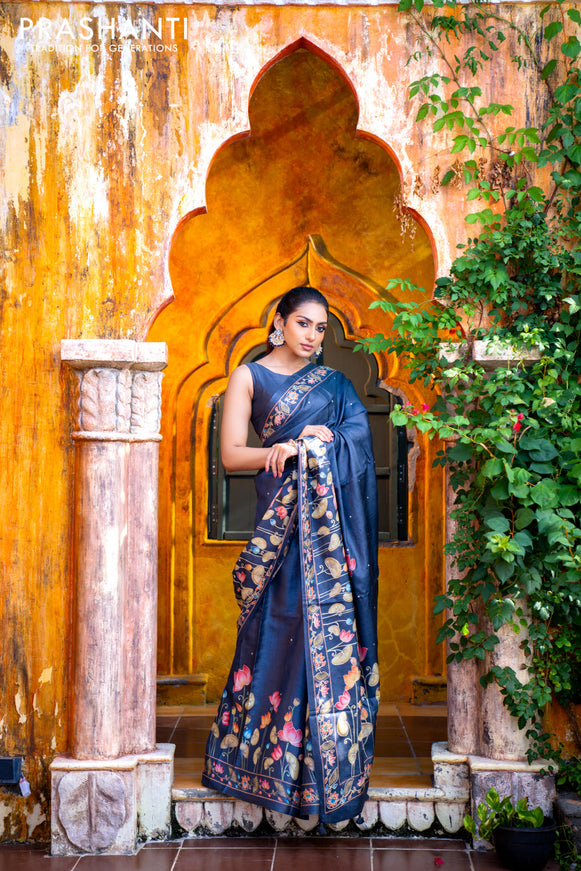 Pure tussar silk saree dark elephant grey with allover pichwai prints & embroidery work buttas and pita work pichwai printed border