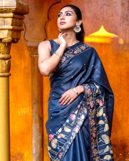 Pure tussar silk saree dark elephant grey with allover pichwai prints & embroidery work buttas and pita work pichwai printed border