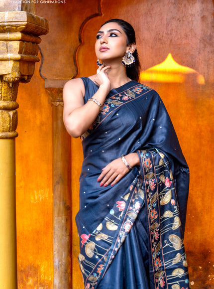 Pure tussar silk saree dark elephant grey with allover pichwai prints & embroidery work buttas and pita work pichwai printed border